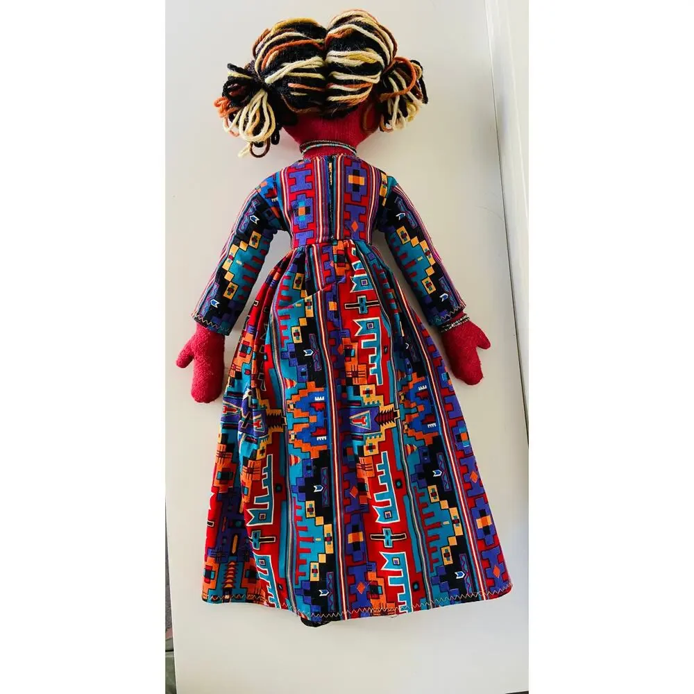 Handmade Boho Folk Art Beaded Red Purple & Blue Embroidered Yarn Hair Cloth Doll